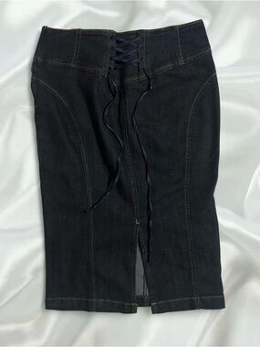 Y2K Bebe Denim Midi Skirt with Lace Up and Slit Detail